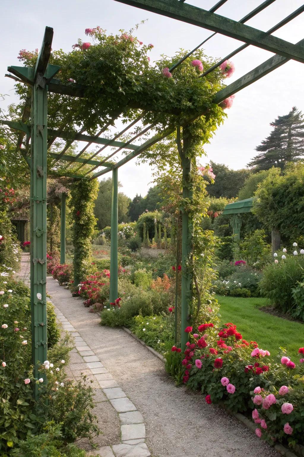 Structures like trellises and pergolas add vertical beauty.