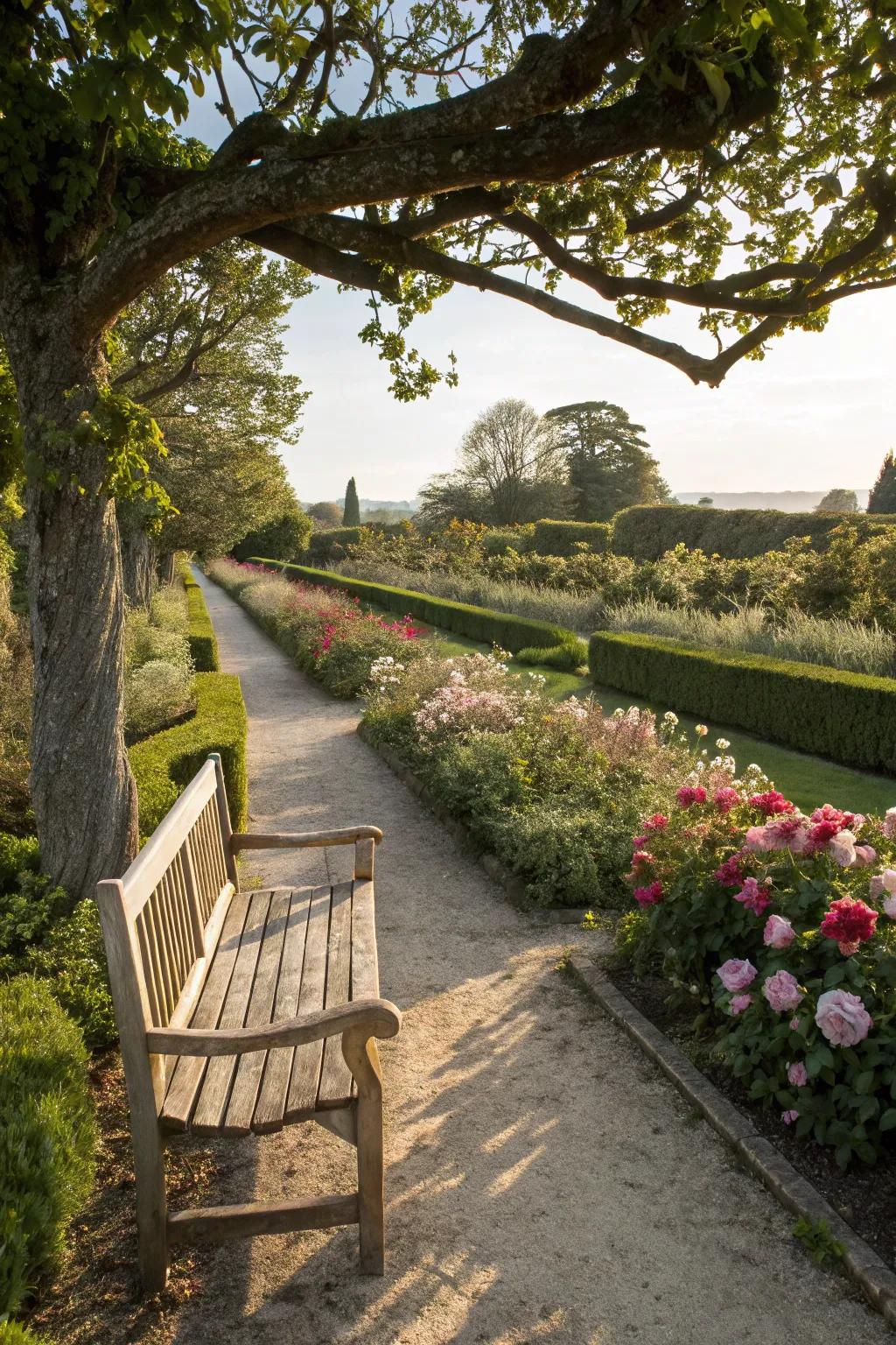 A bench seamlessly integrated into a garden landscape.