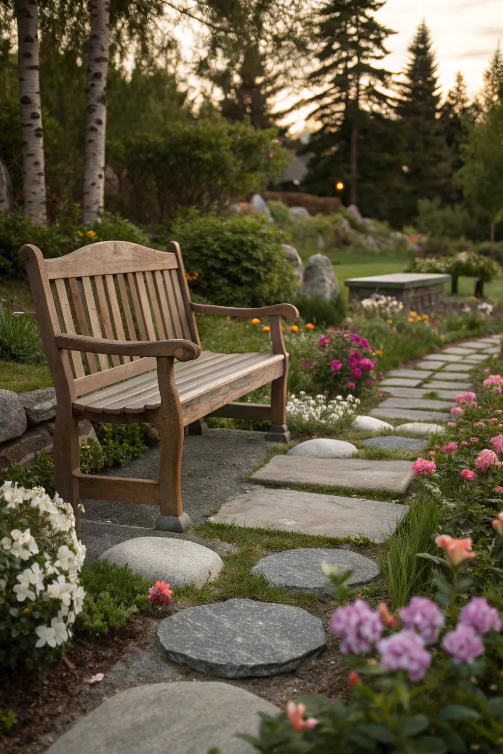 A bench offers a peaceful spot for reflection in the garden.