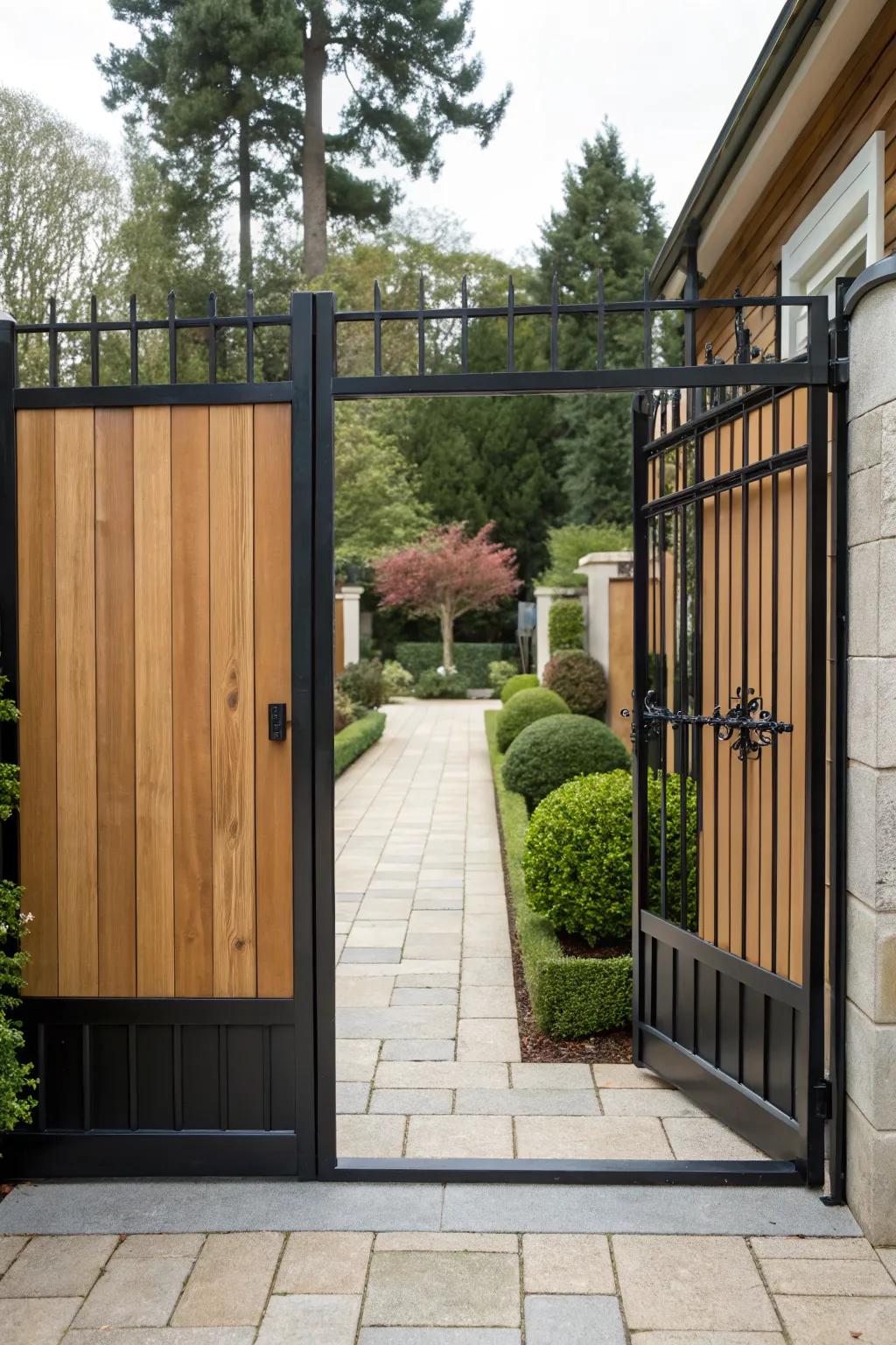Natural wood and black metal create a striking visual impact.
