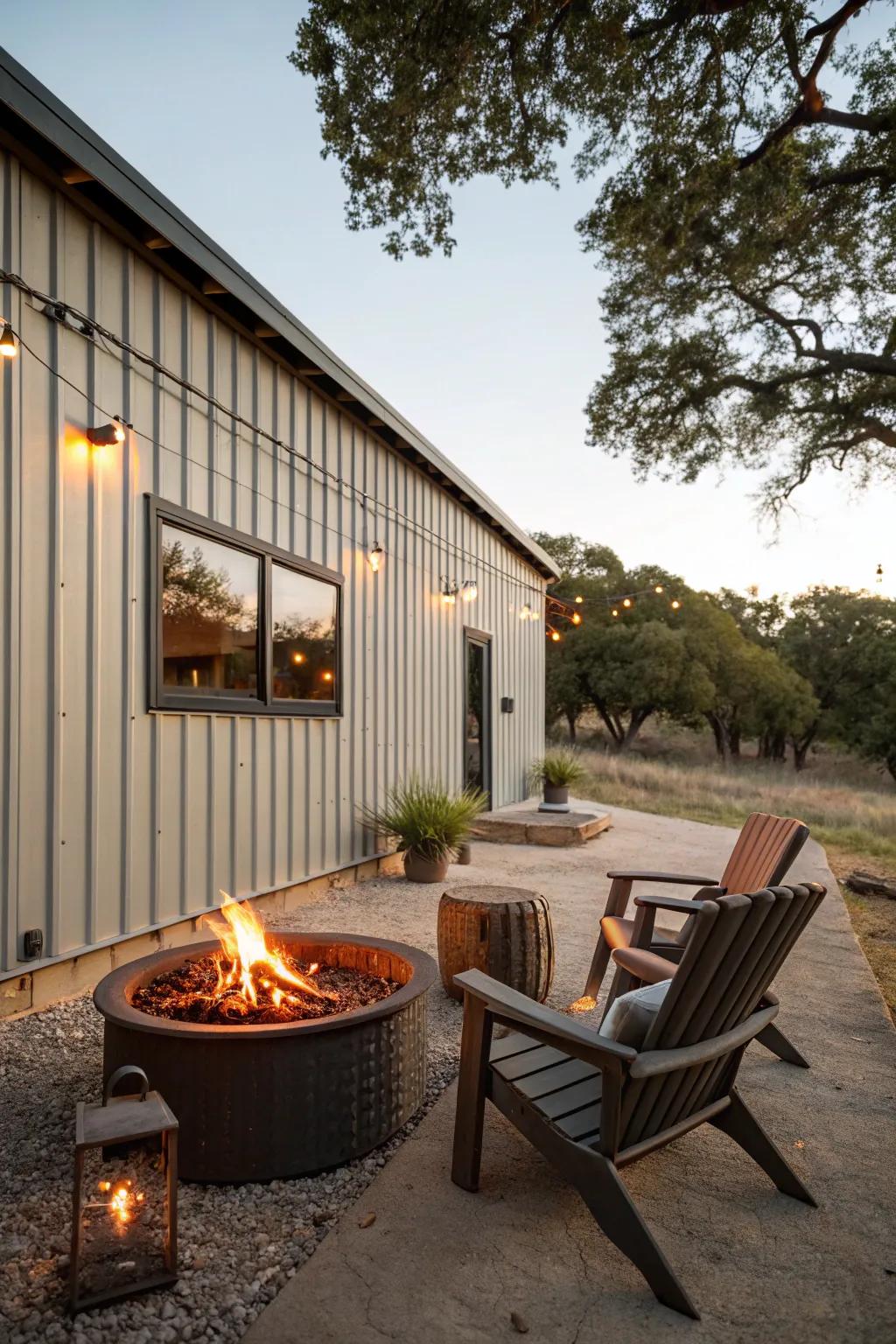 An inviting patio with a fire pit adjacent to a metal workshop.