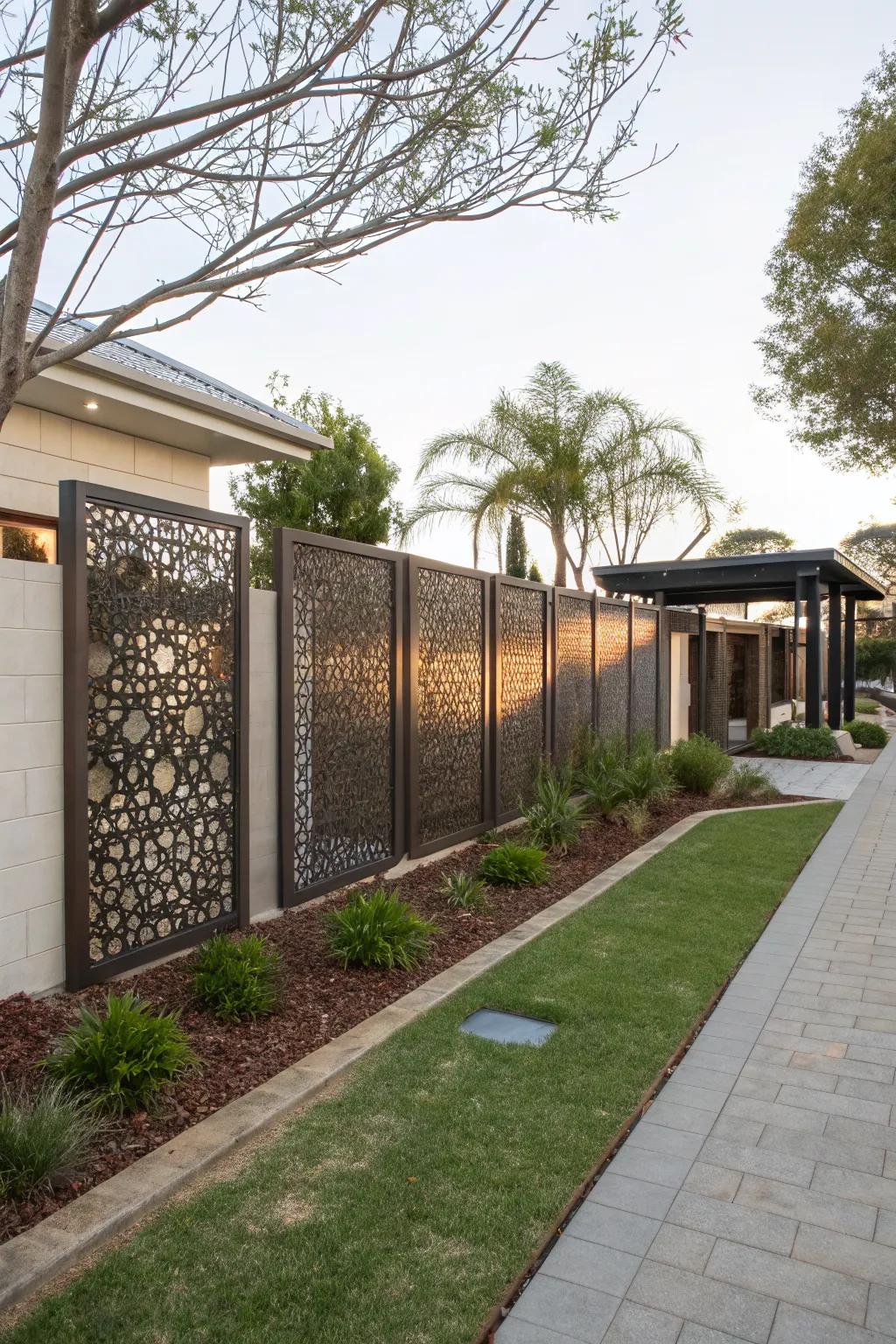Perforated metal fences balance privacy and light.