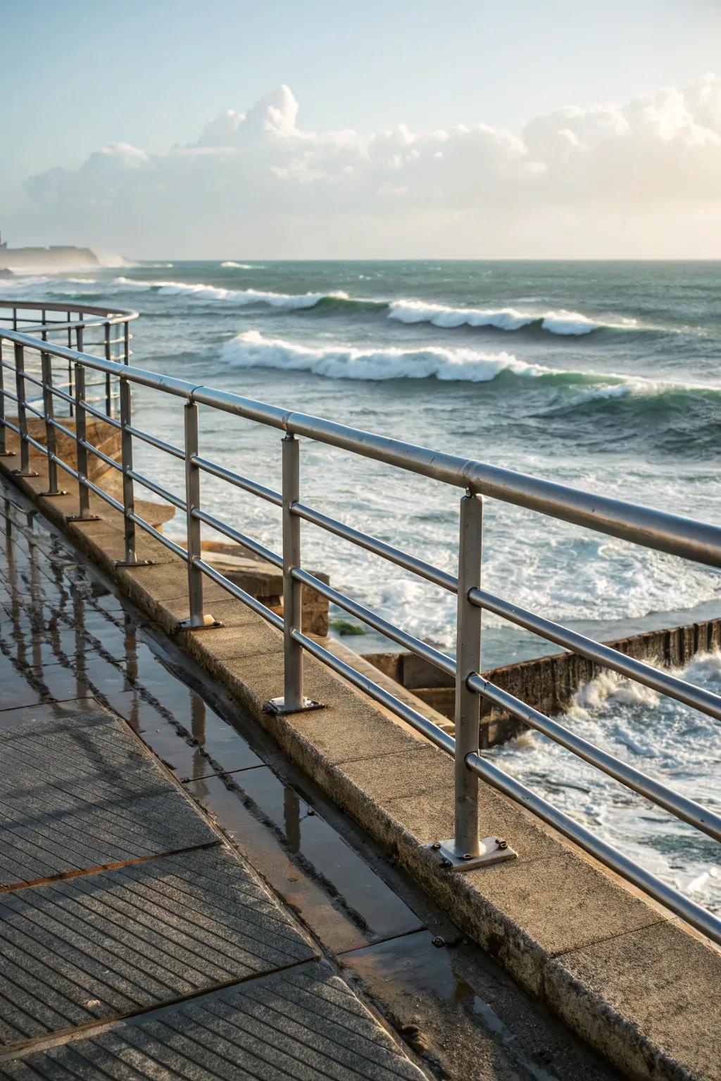 Durable galvanized metal railings on a coastal deck.