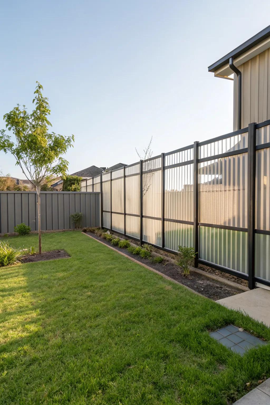 Semi-transparent metal panels allowing light while providing privacy.