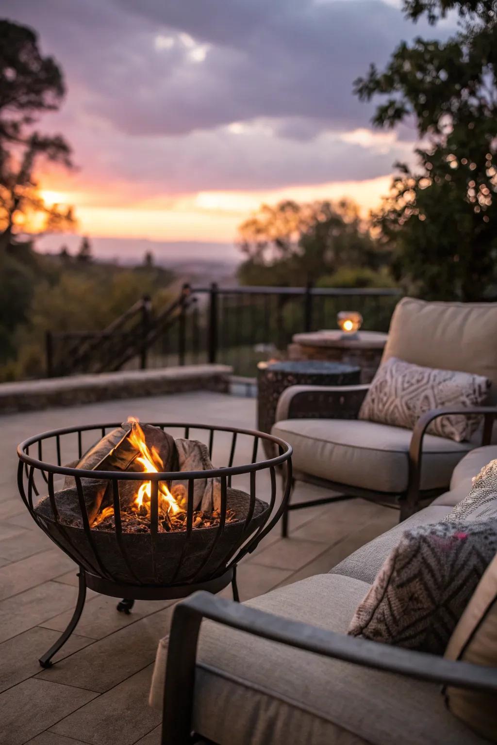 A metal fire pit creating a cozy and warm atmosphere on this stylish patio.