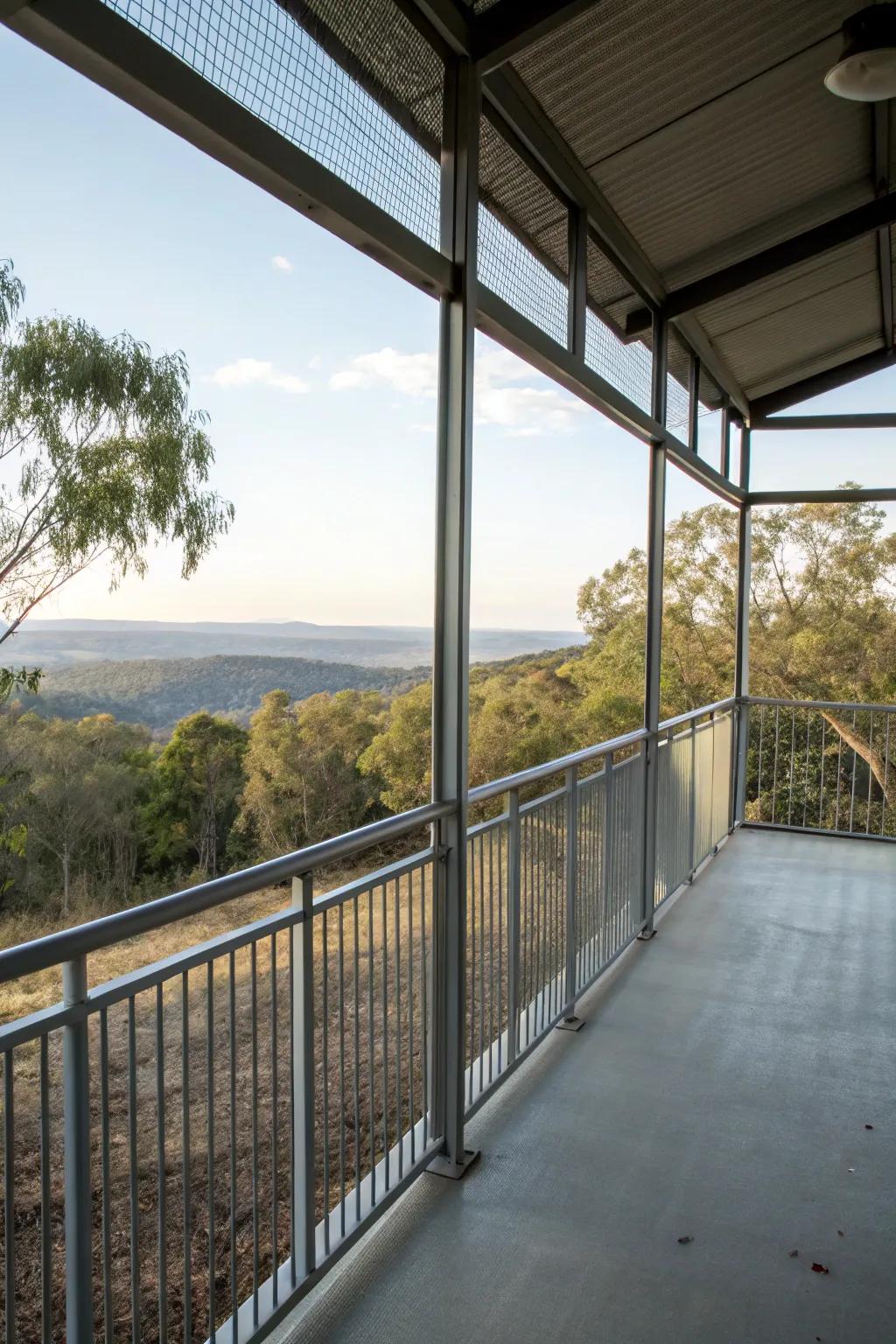 An open-air metal porch with stunning views.