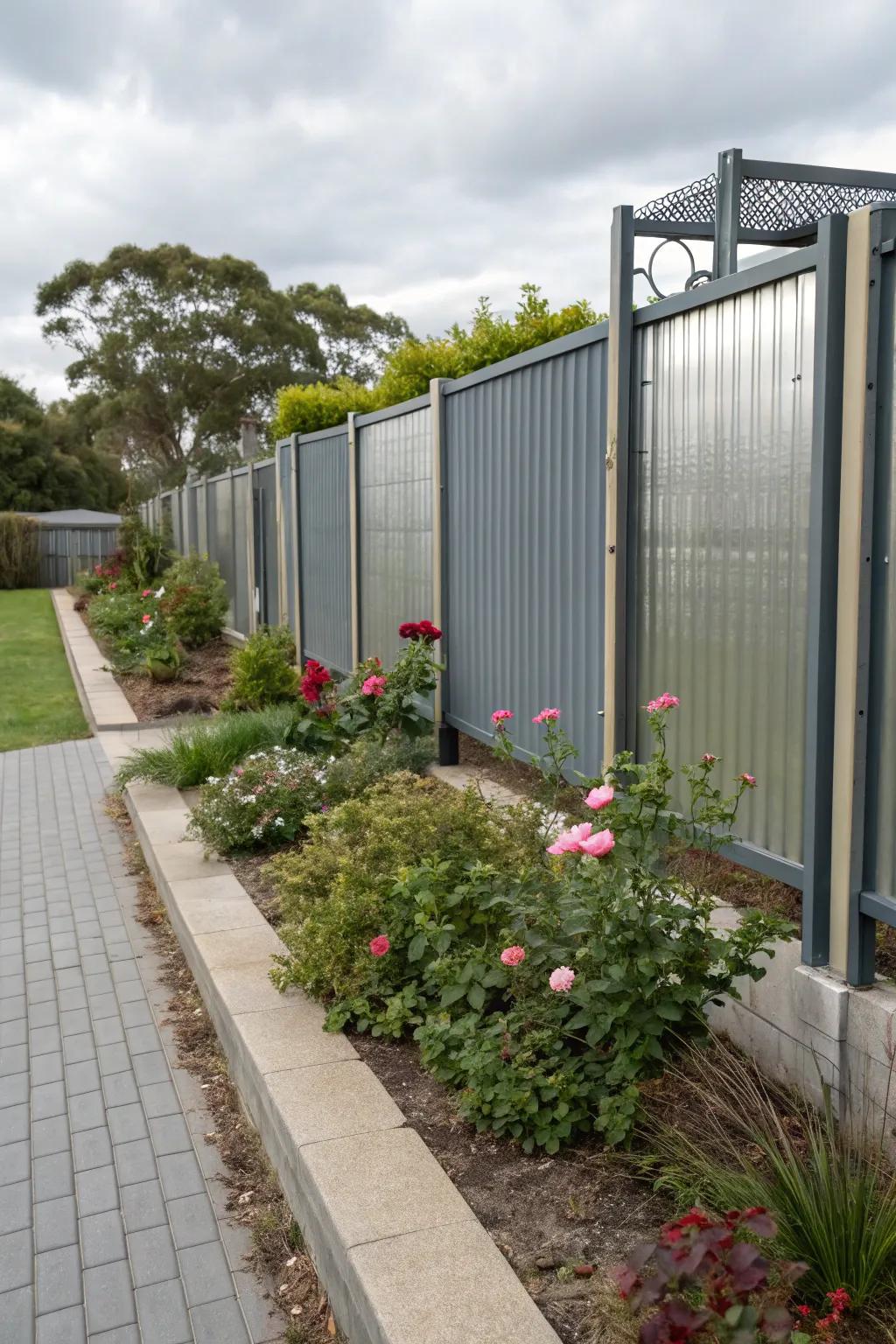Private garden nook with metal infill boards and metal posts.