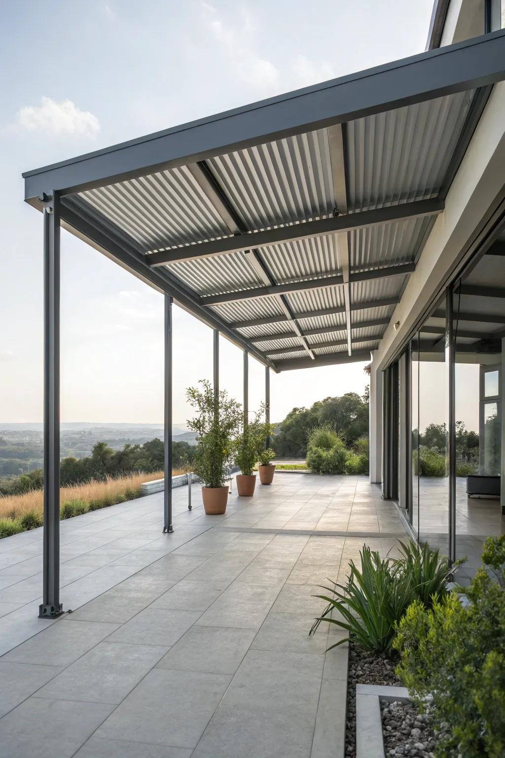 A sturdy and stylish metal roof patio supported by elegant posts.