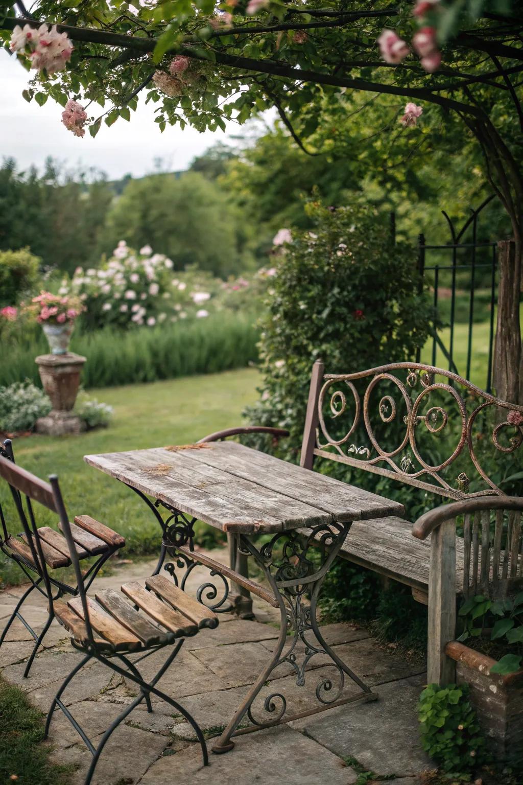 Cozy seating area with rustic wooden and wrought iron furniture.