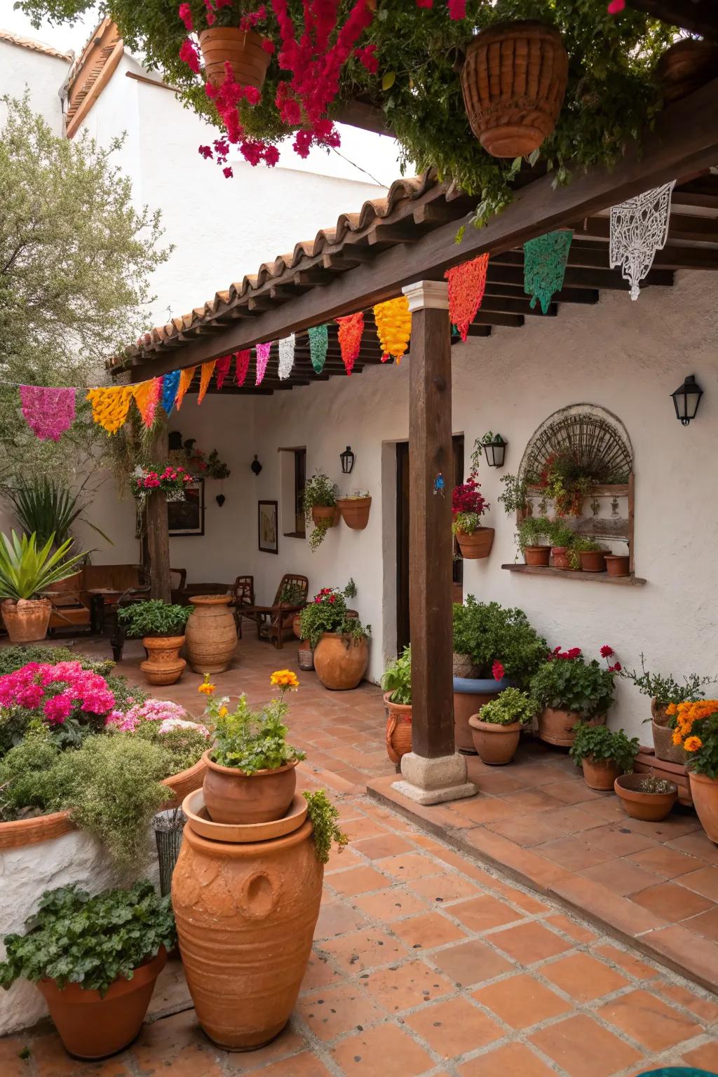 A Mexican patio featuring terracotta pots and decor, adding an earthy touch.