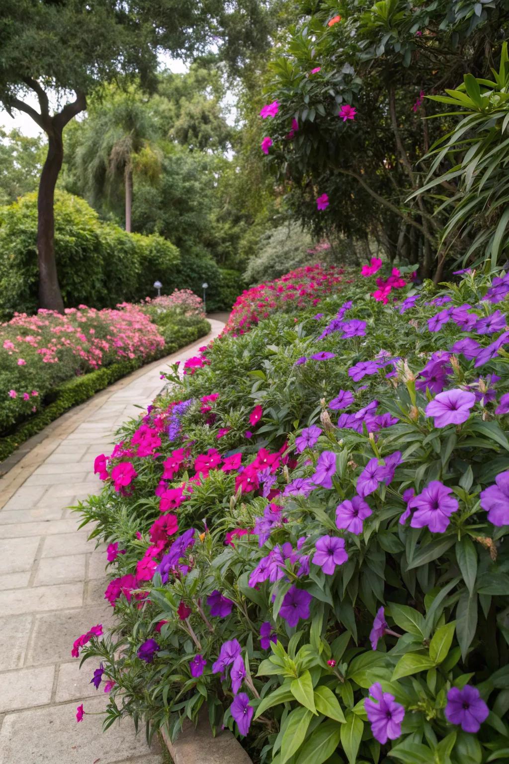 A bold, colorful cluster of Mexican petunias in a garden.