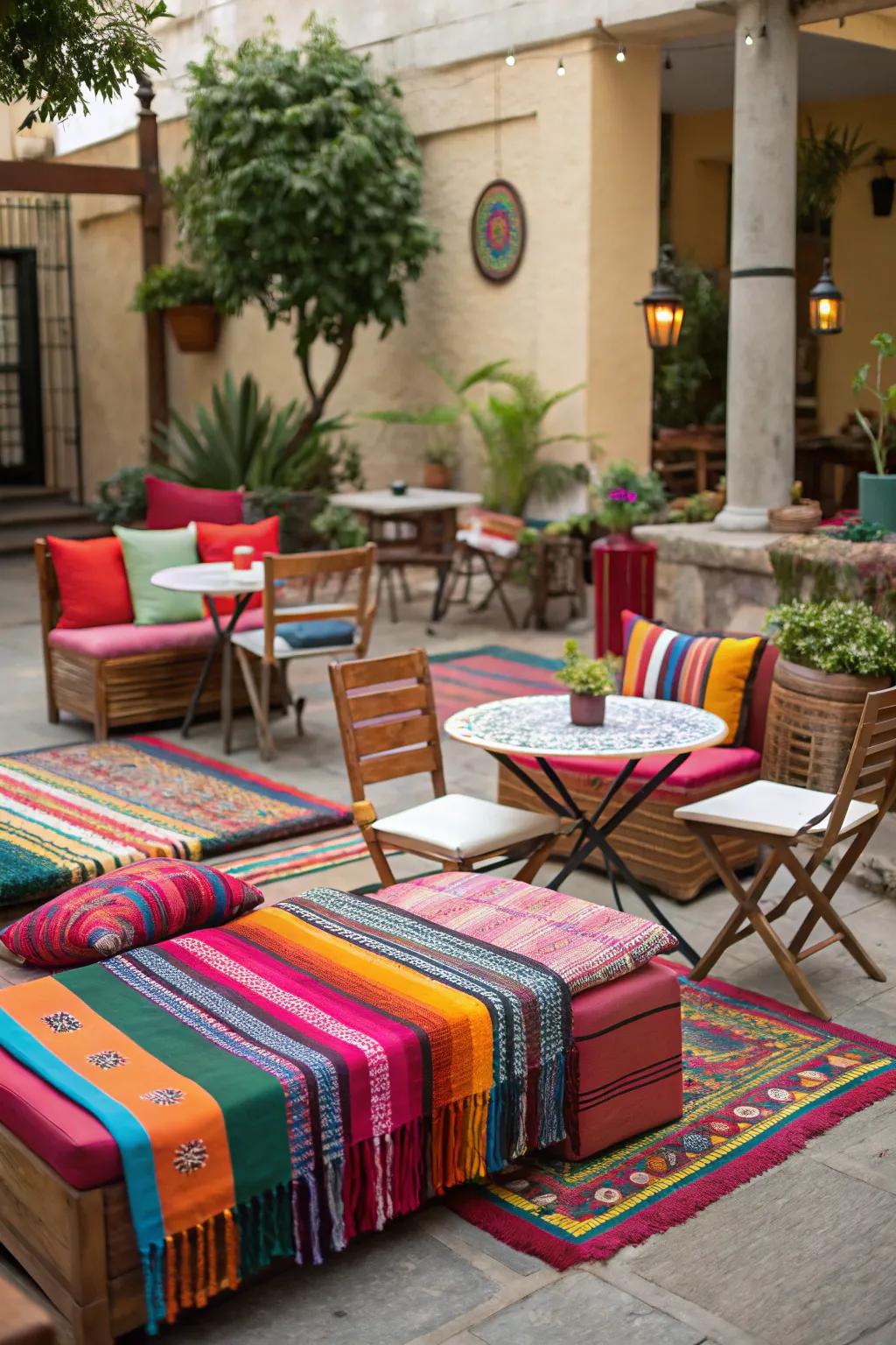 Vibrant textiles add color and comfort to outdoor seating areas.