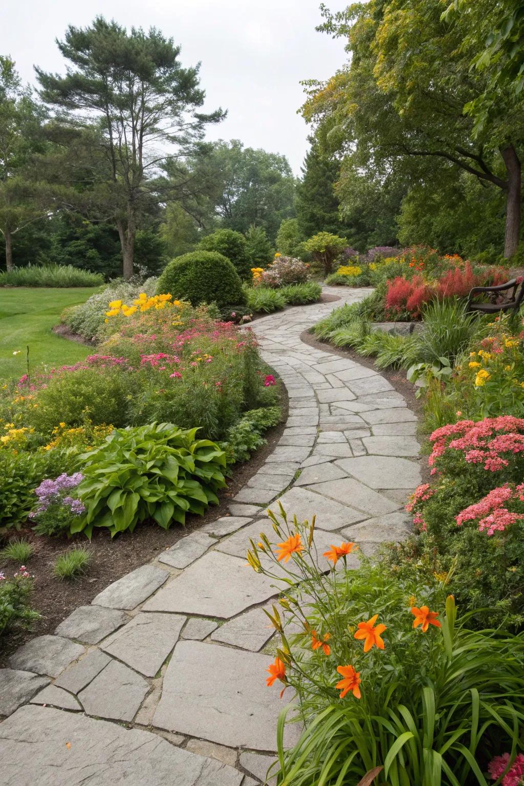 A charming stone pathway leading through a garden.