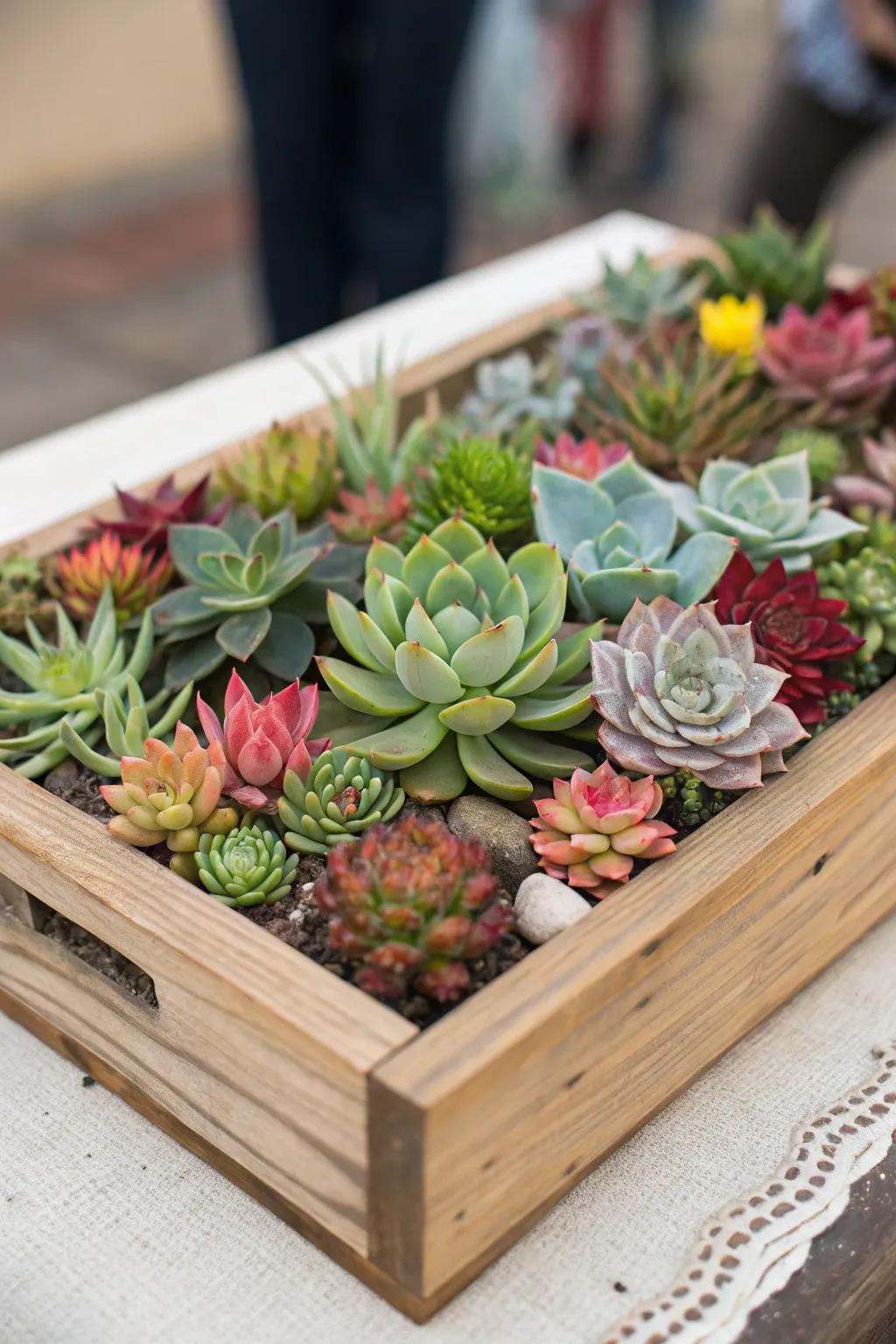 A framed succulent garden, turning plants into living art.