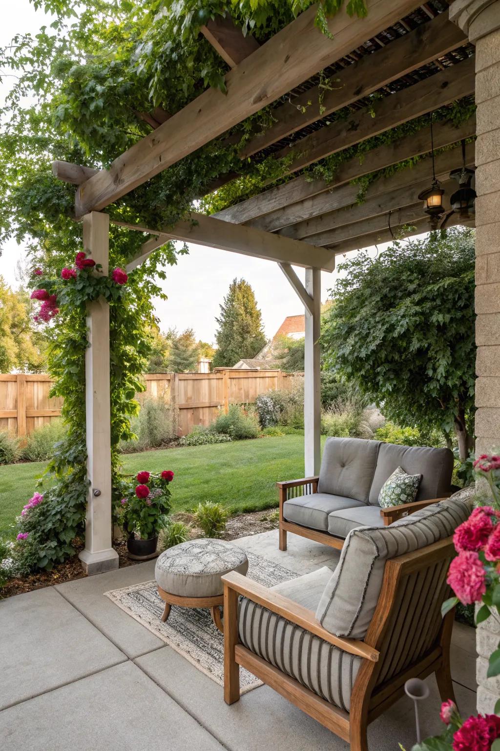 A pergola and comfortable seating make for a functional outdoor space.