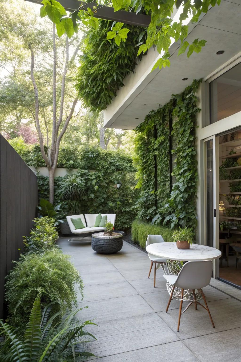 Lush greenery integrated into a mid-century modern patio design.