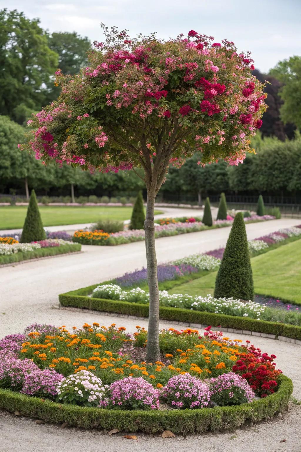 A small tree adds height and a focal point.