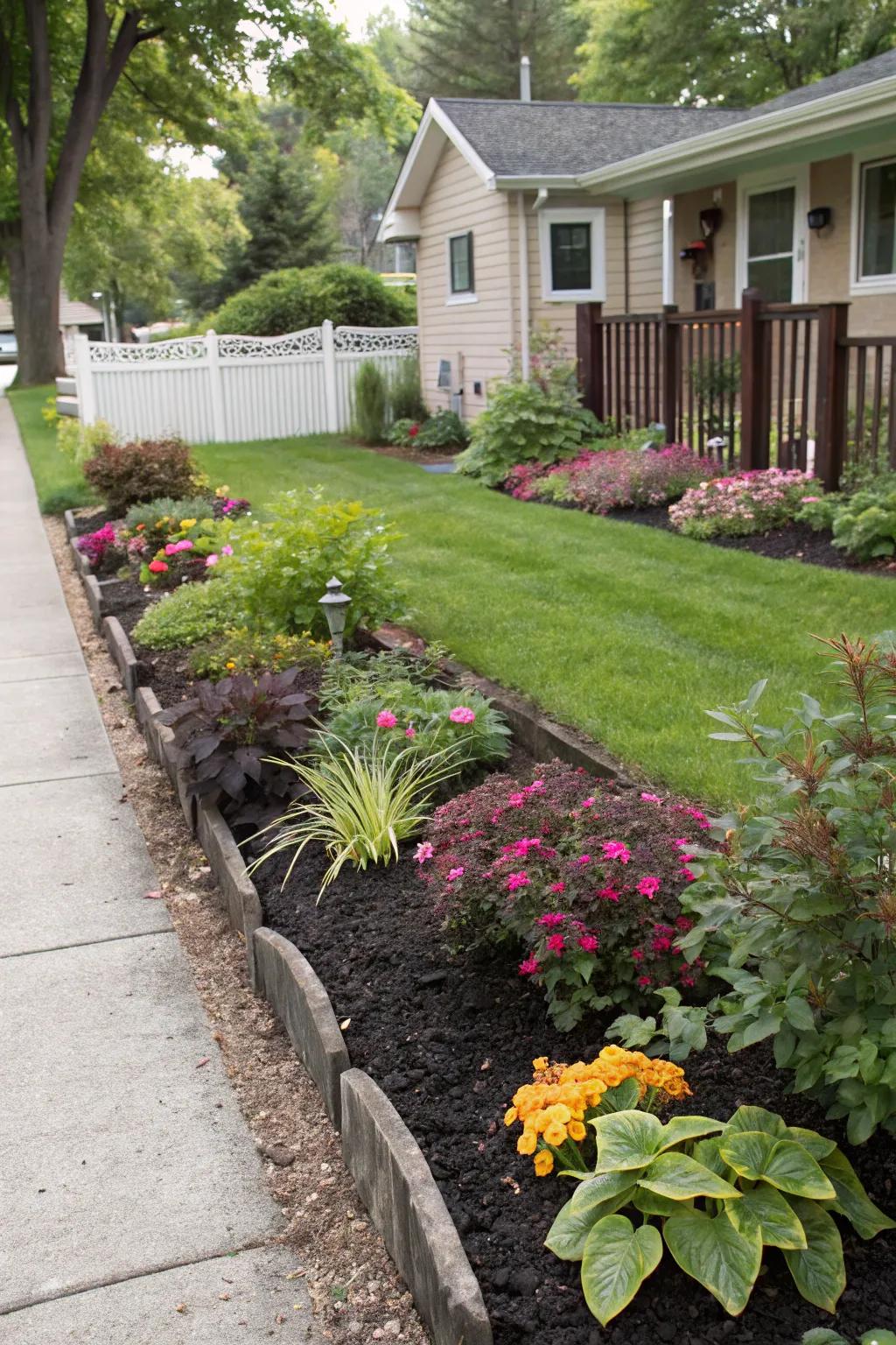 Mulch beds add definition and help with moisture retention in this Midwest front yard.