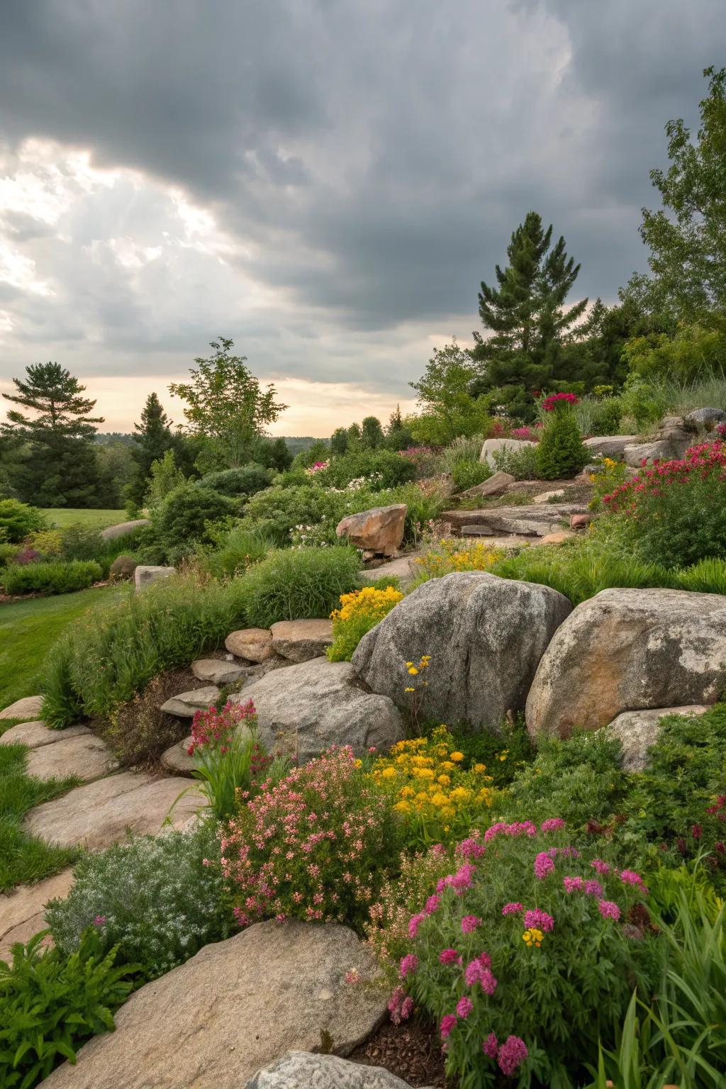 Natural rocks and boulders enhance garden aesthetics.