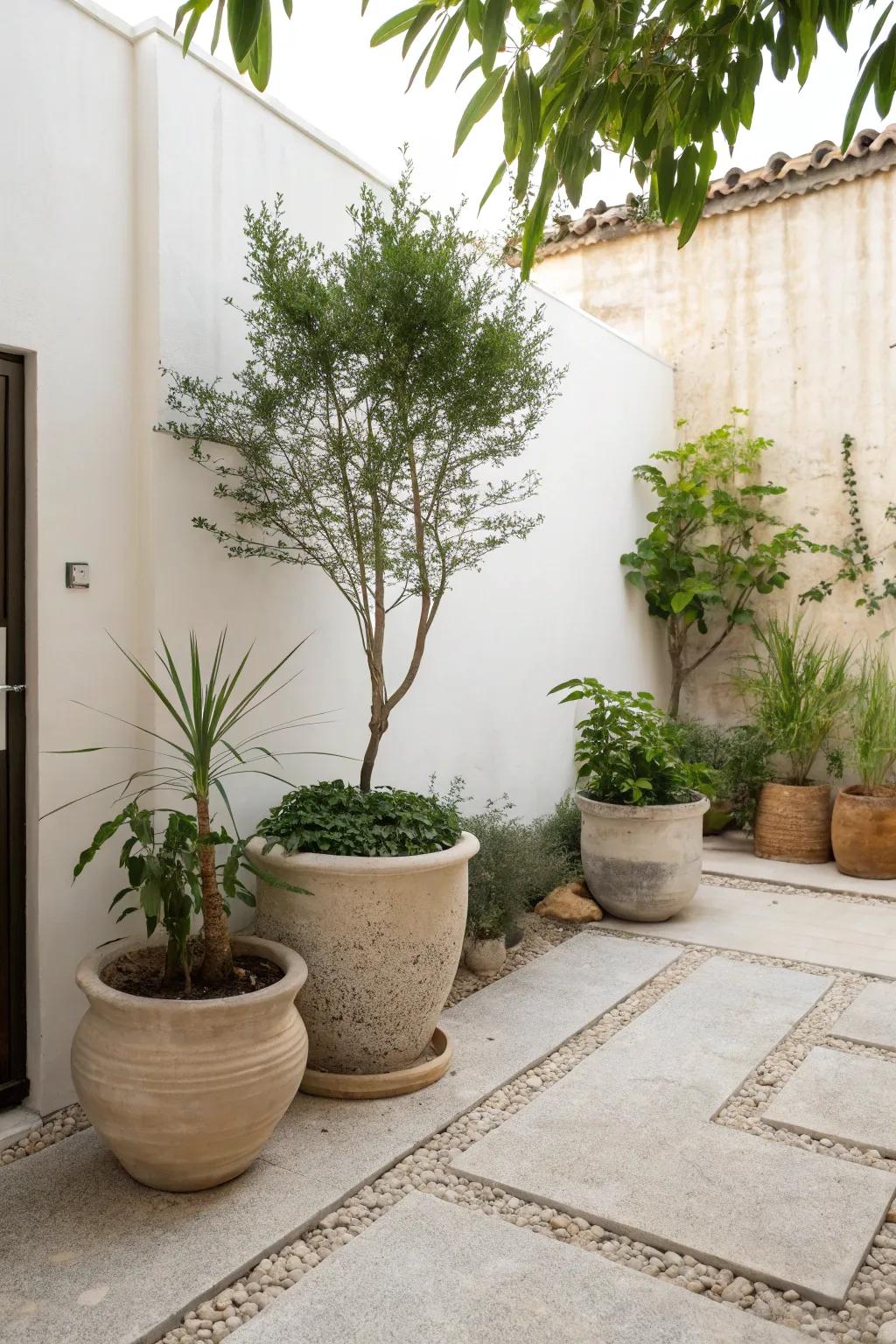 Potted plants infusing greenery into the minimalist design.