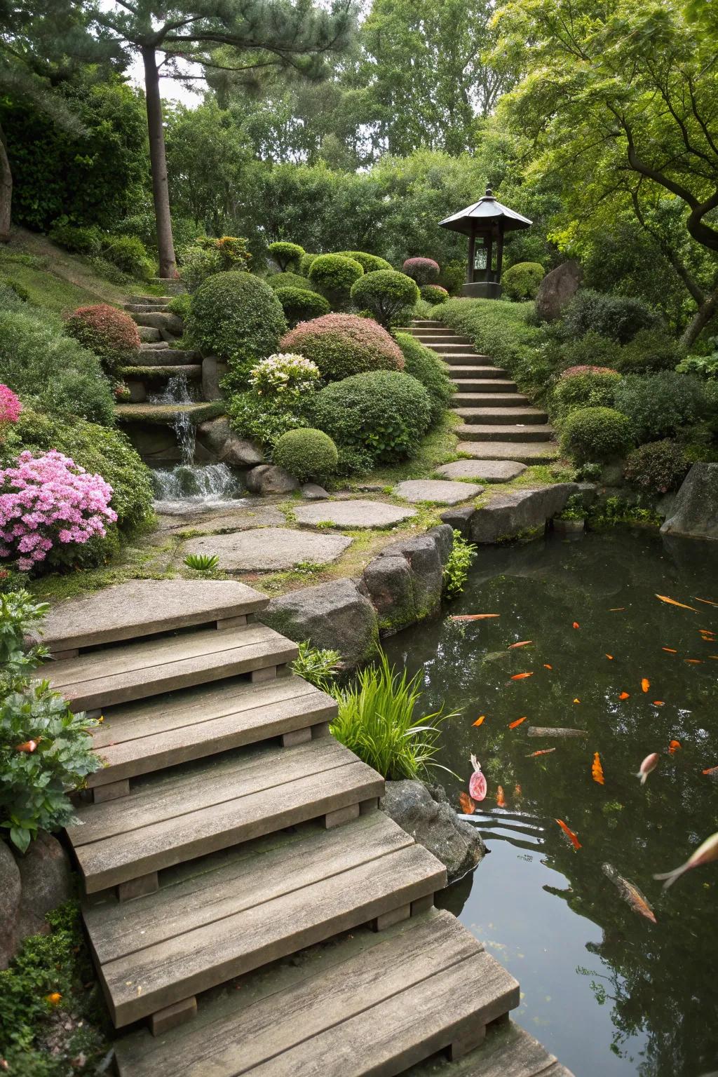 Wooden elements blend harmoniously with the garden's natural aesthetic.