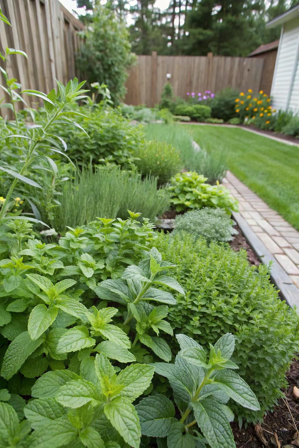 Companion planting of mint with other herbs.