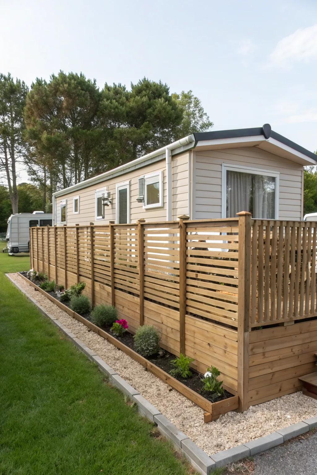Wooden slat fences offer privacy and a rustic appeal.