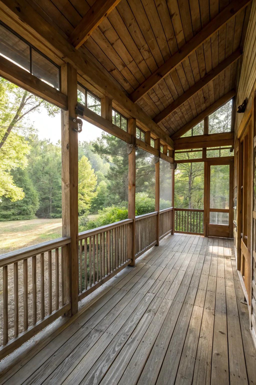 Warm wooden accents adding rustic charm to the porch.