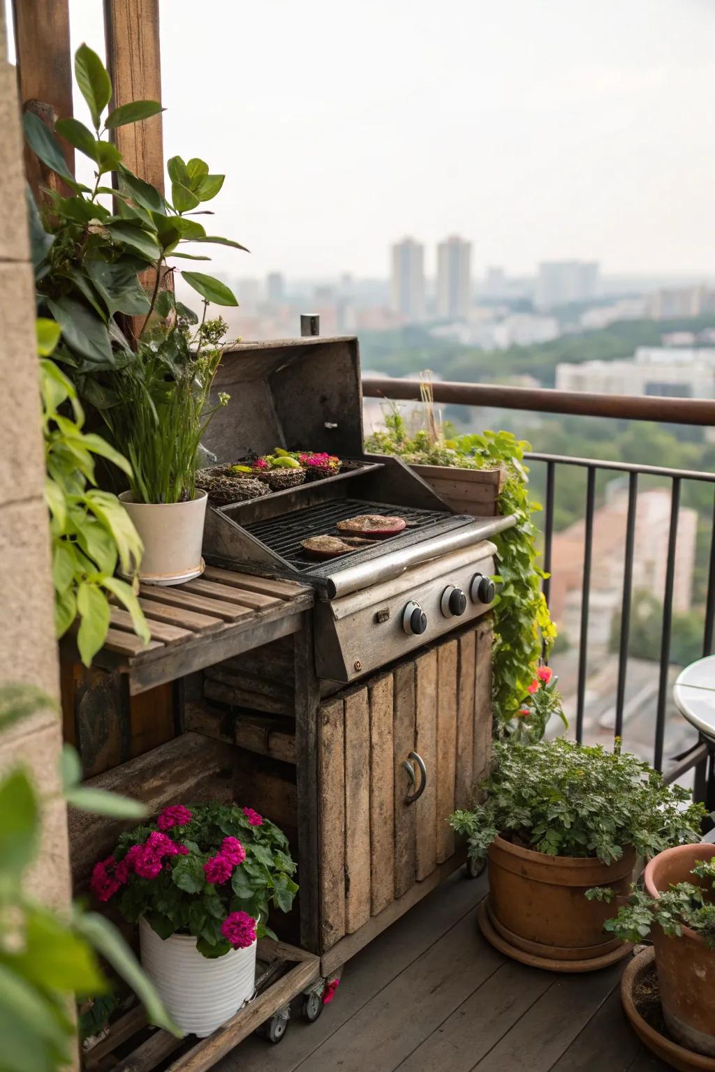 Rustic wooden balcony grill, adding warmth and coziness.