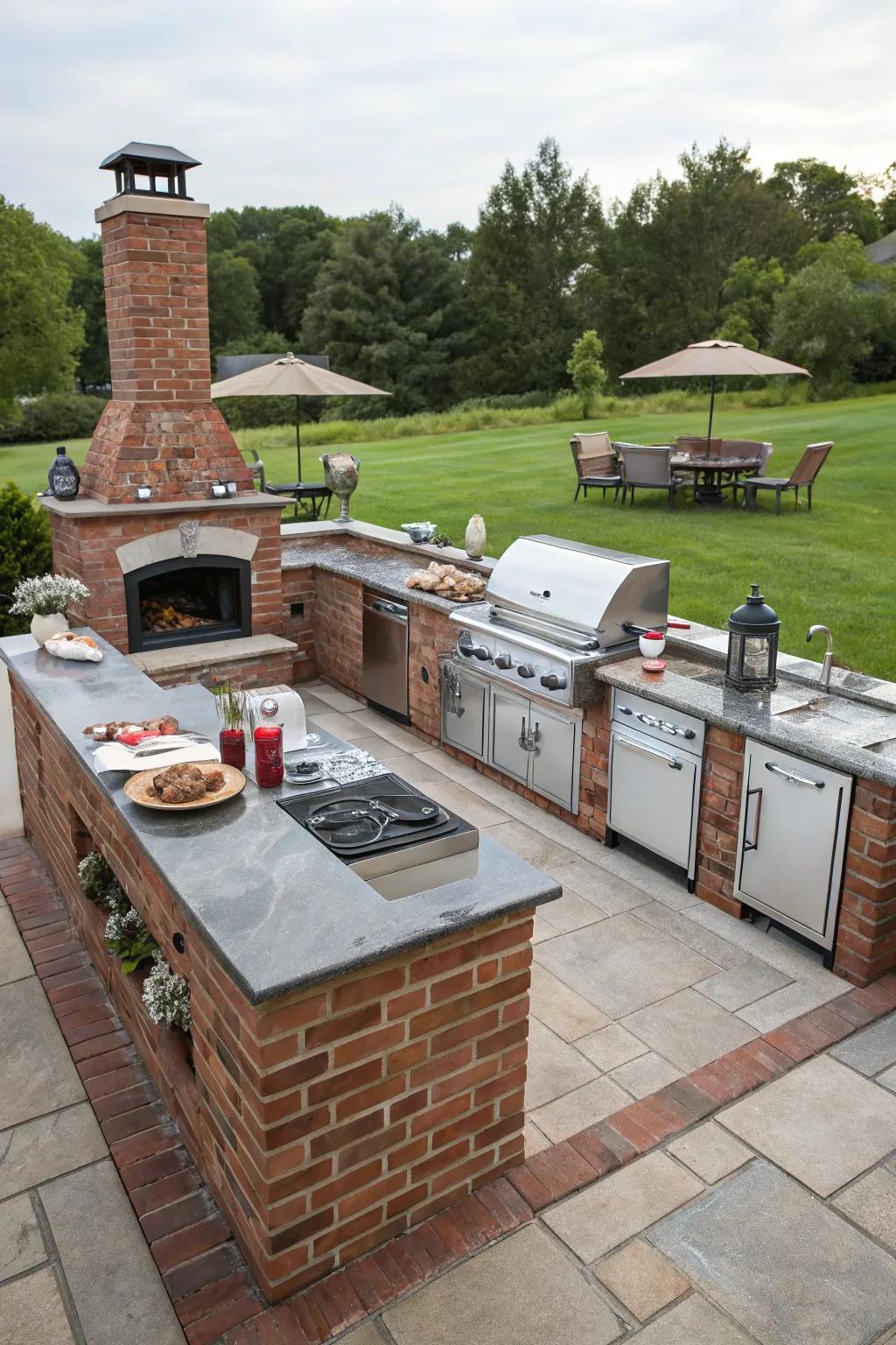 An expansive outdoor kitchen layout featuring multiple cooking stations.