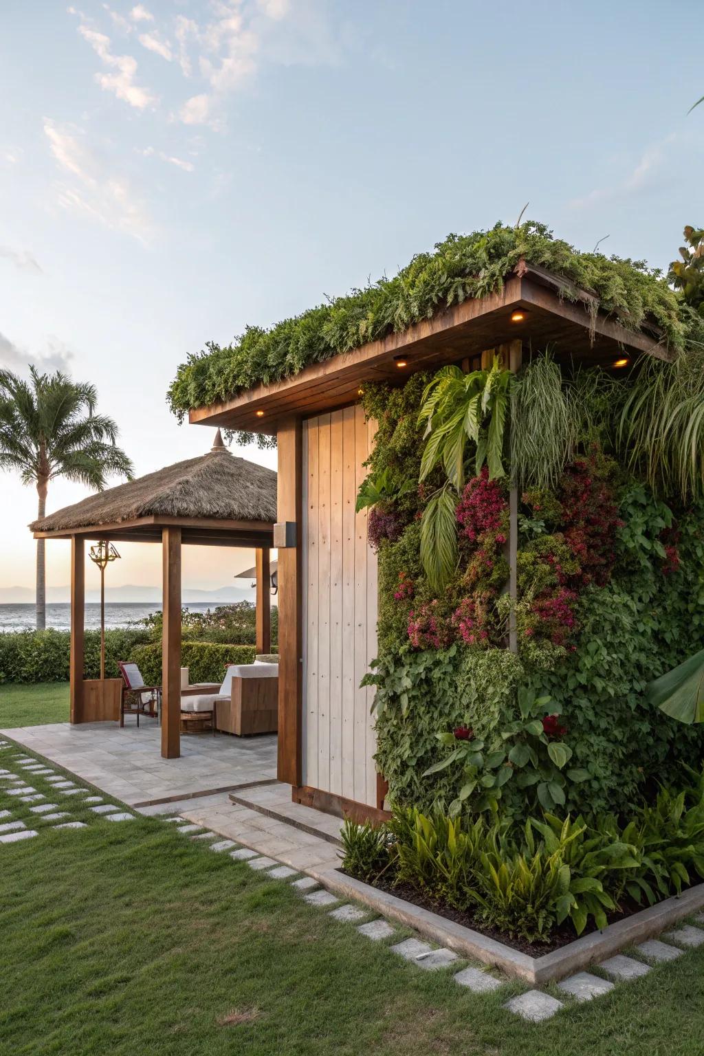 Vertical gardens bringing a lush touch to cabana walls.