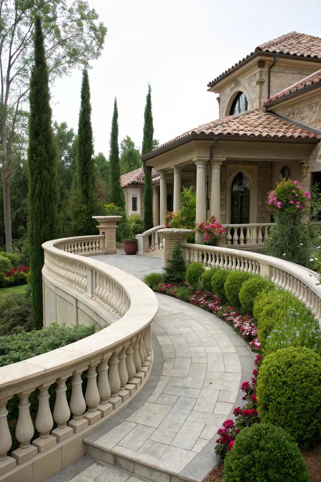 Curved cement railings bring elegance and motion.