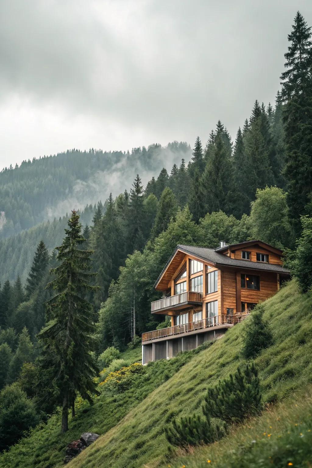 Chalets that blend with their surroundings create a serene ambiance.
