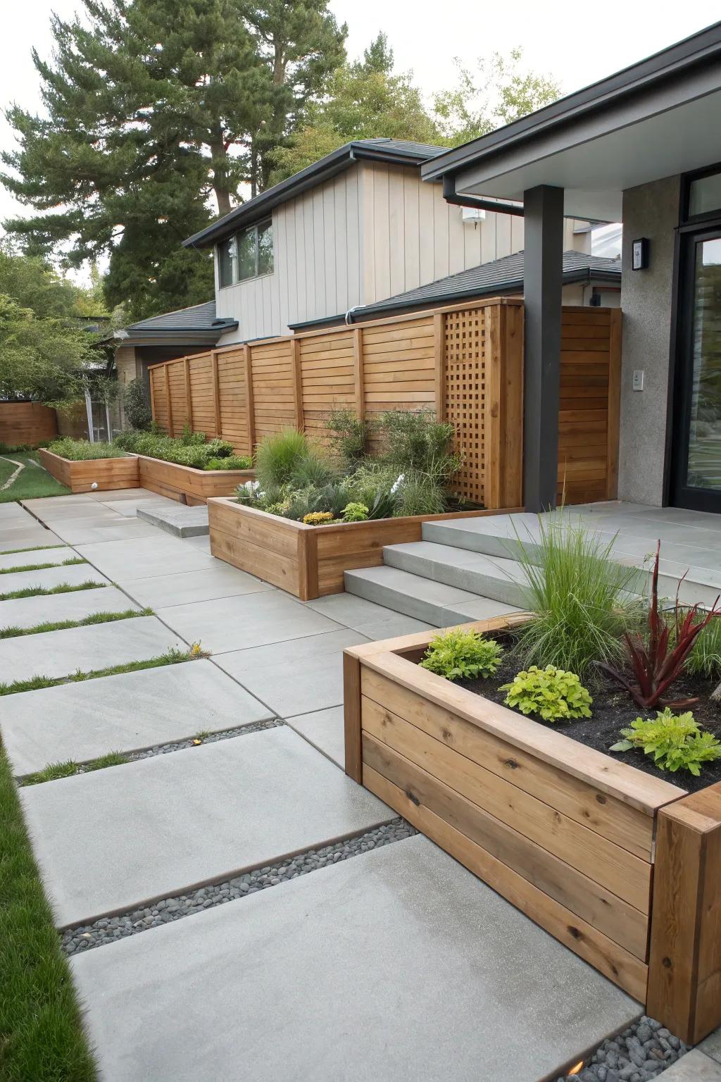Concrete and wood create a harmonious and stylish front yard design.