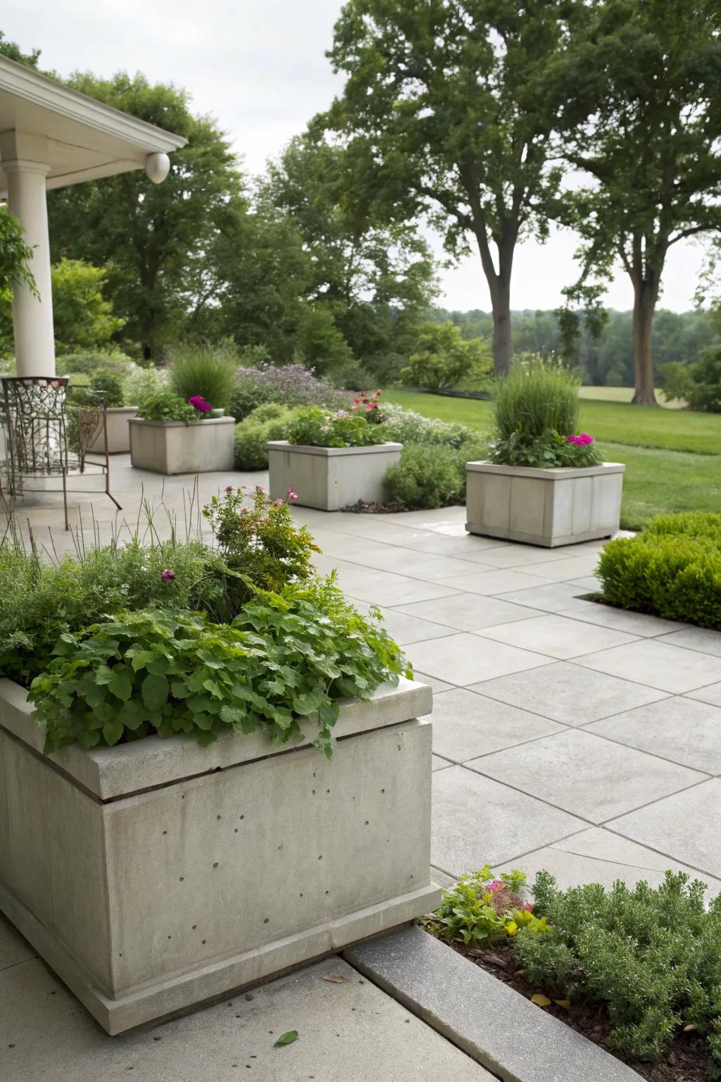 Greenery adds a natural touch to modern concrete designs.