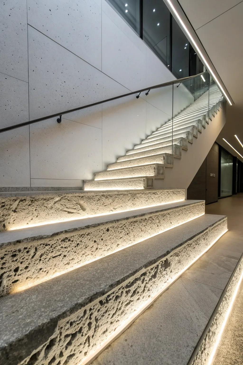 Textured concrete steps with a unique surface finish.
