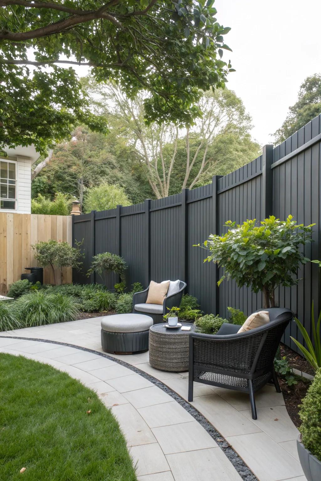 A tall curved fence offering privacy while enhancing the modern design of a backyard setting.