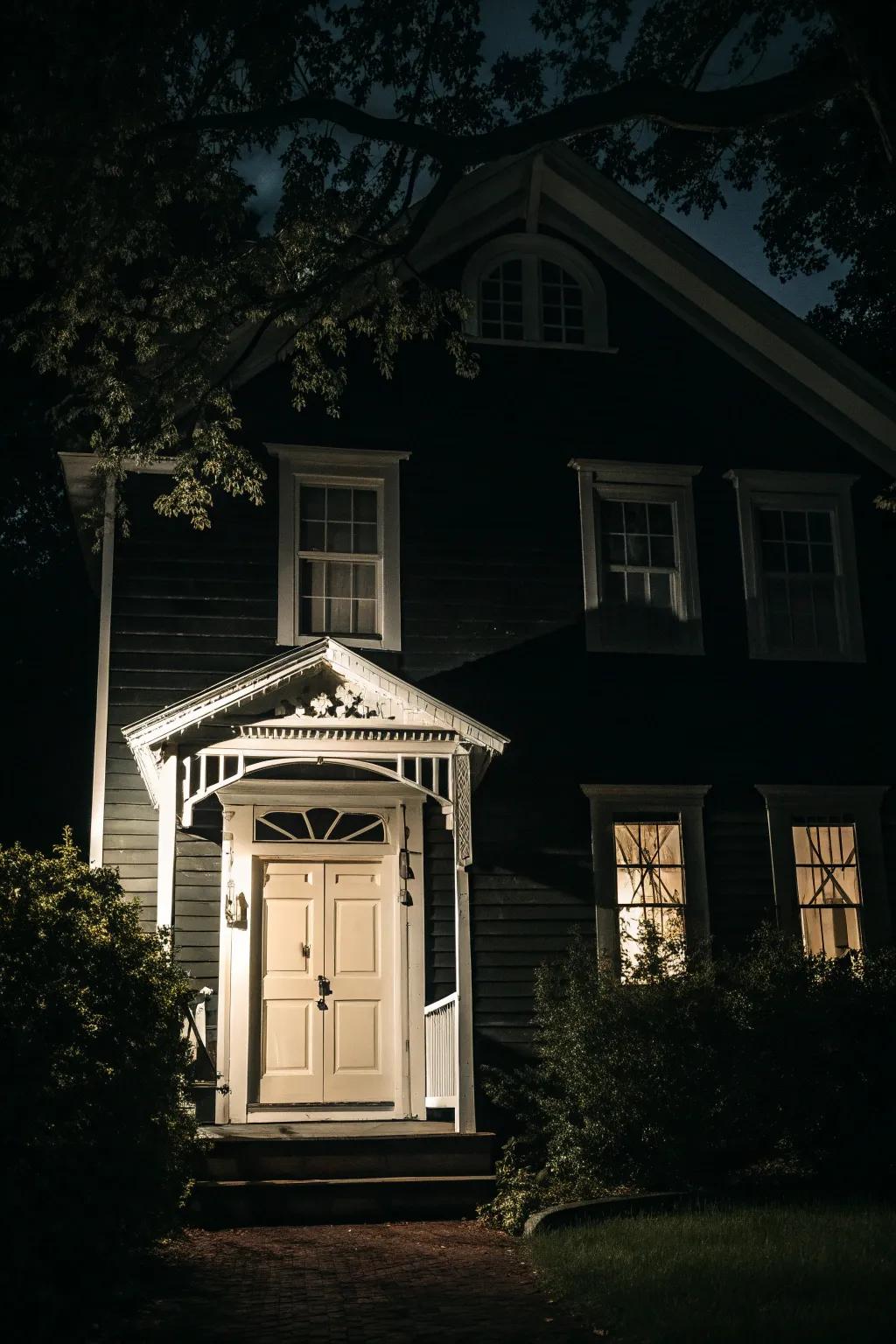 A dark home exterior with contrasting white trim and a light door.