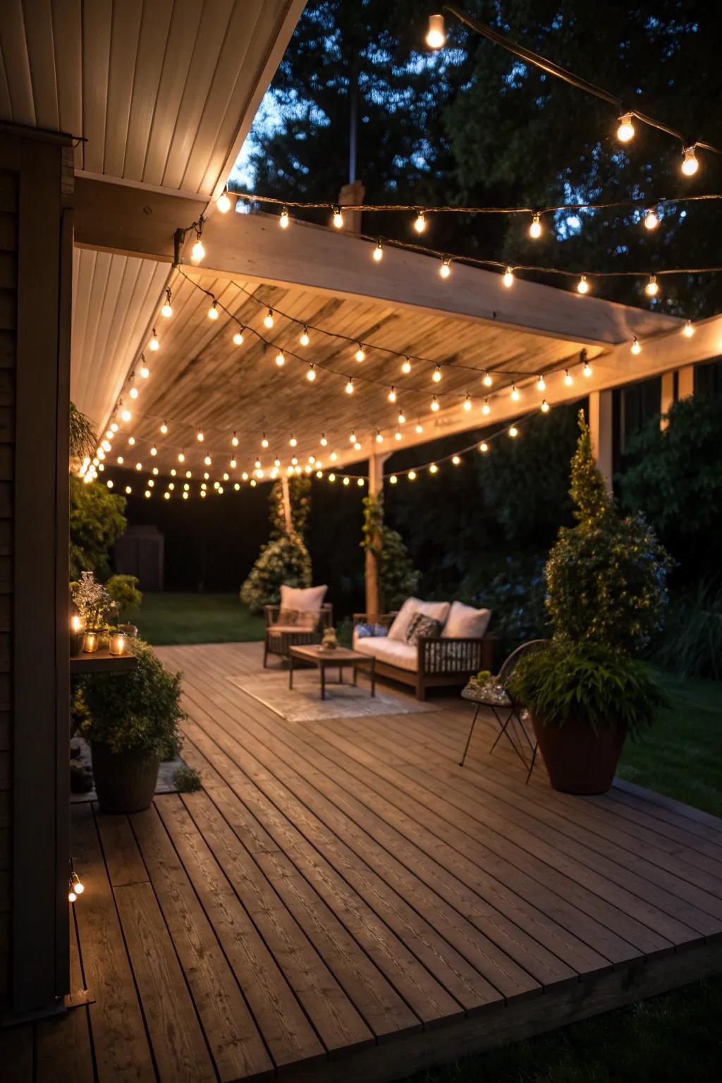 Lighting transforms your patio into an inviting evening retreat.