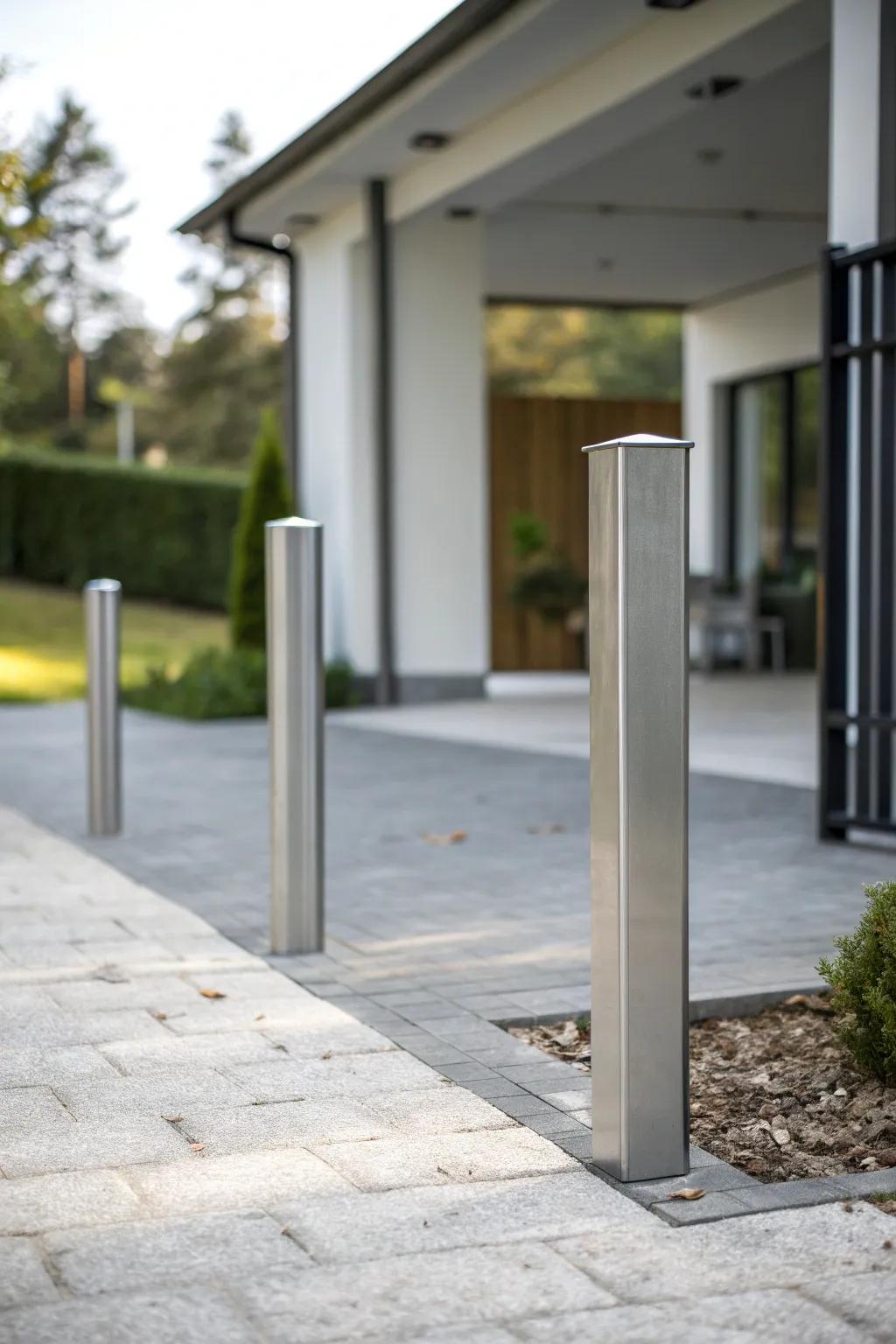 Minimalist metal pillars offer a sleek, modern touch.