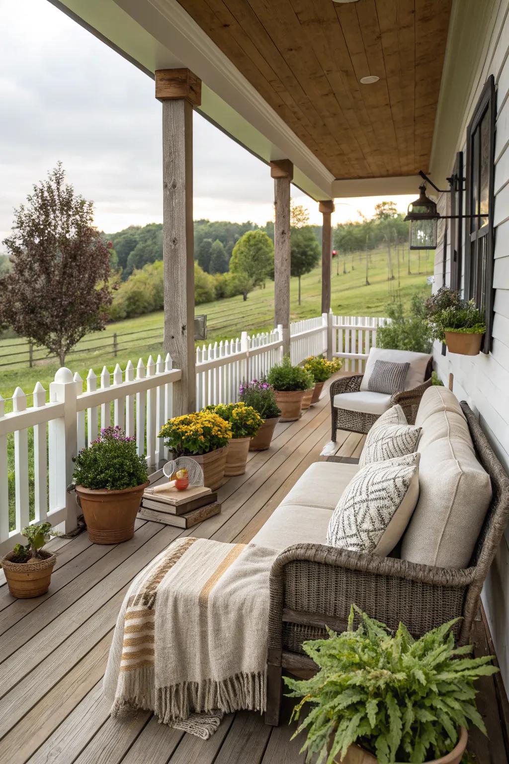 A welcoming porch with potted plants enhances curb appeal.