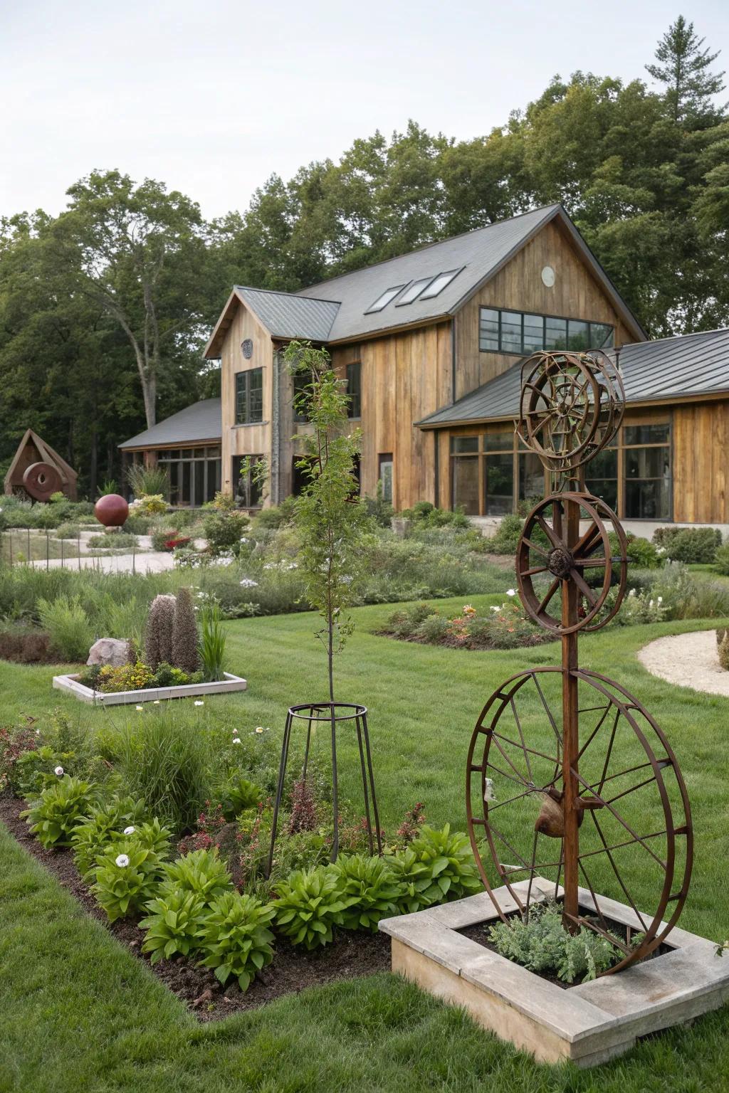 Rustic metal accents offer an industrial touch to the landscape.