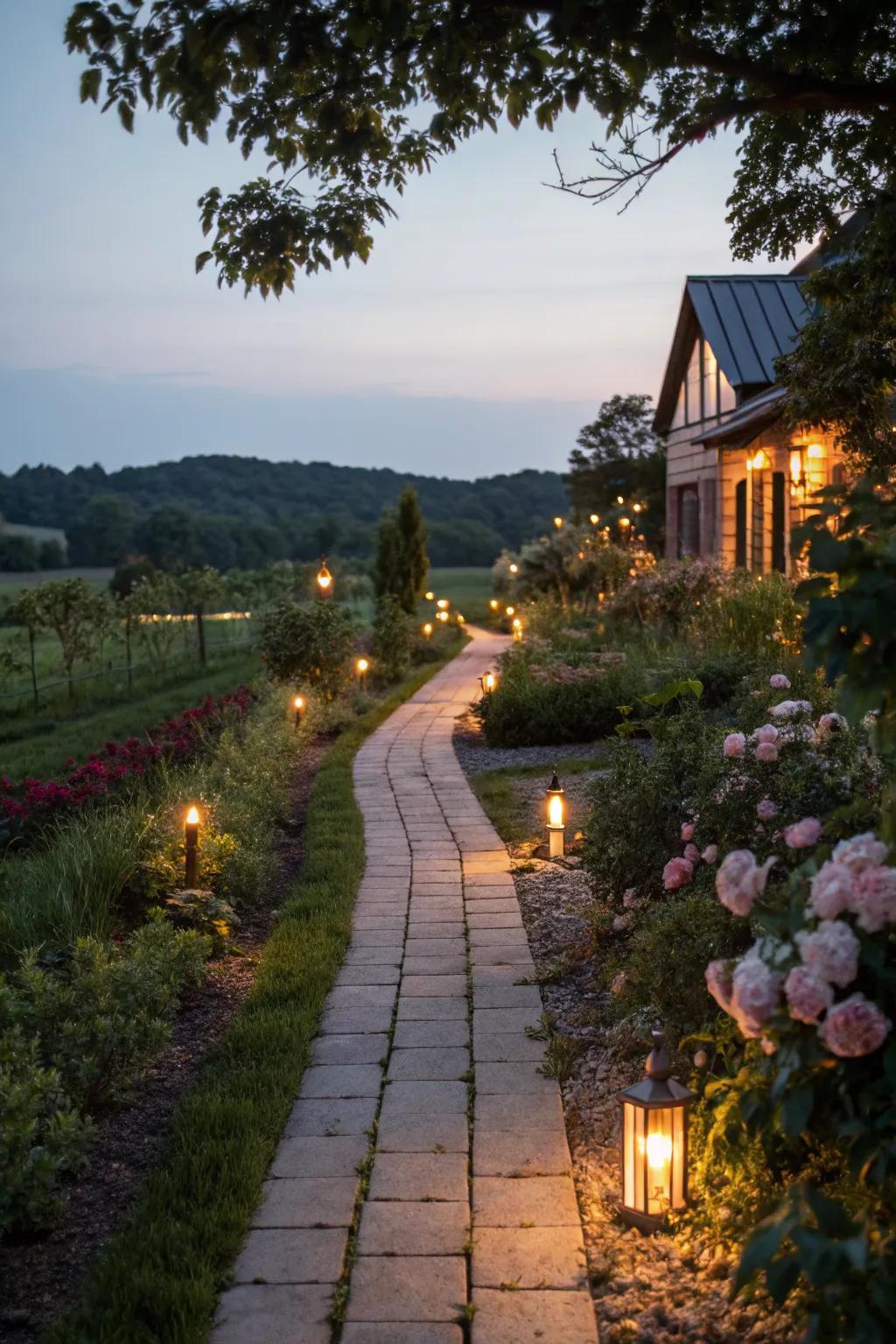 Pathway lights create a magical walkway to this modern farmhouse.