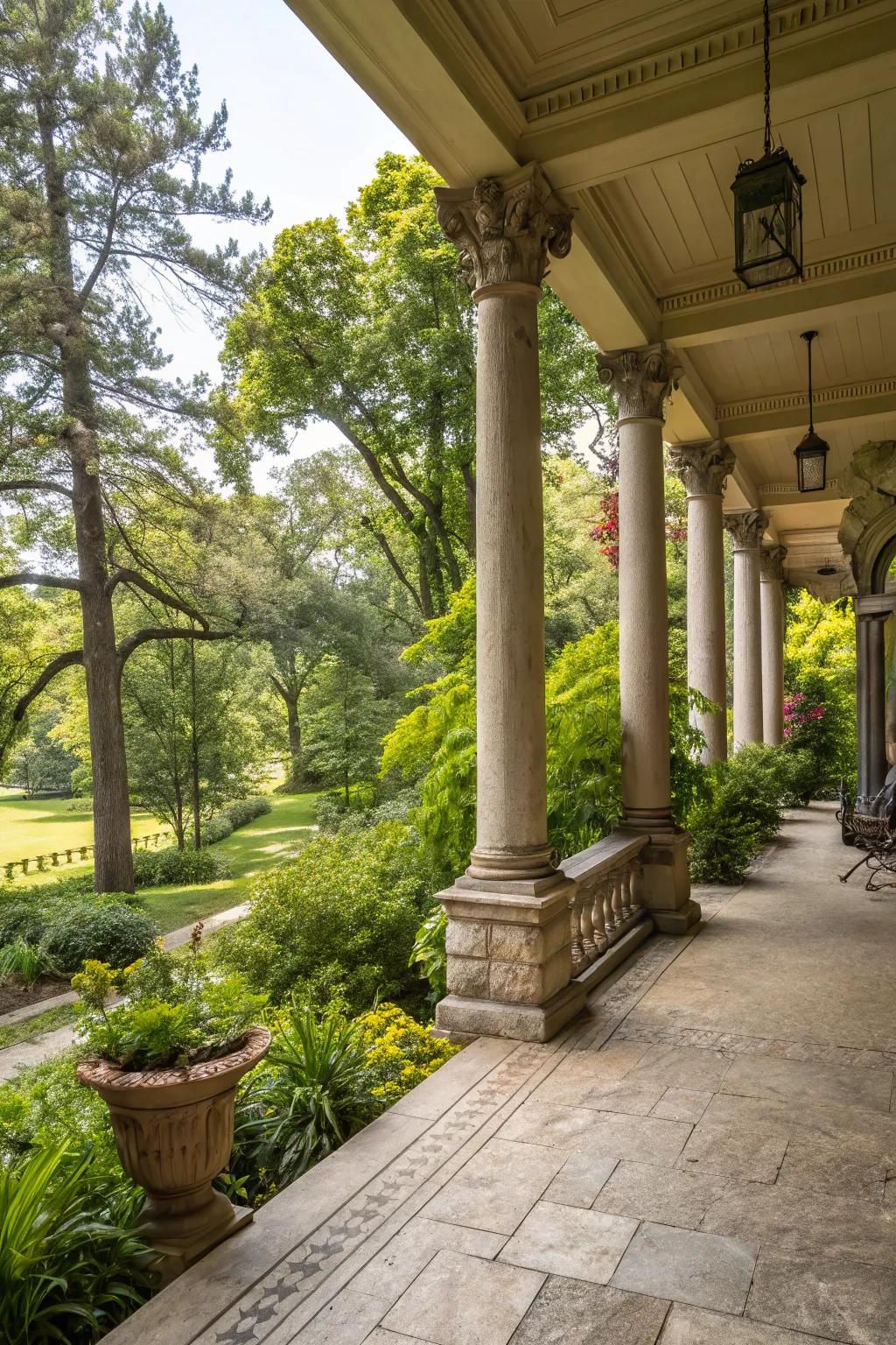 Stone bases enhance the durability and aesthetics of porch columns.