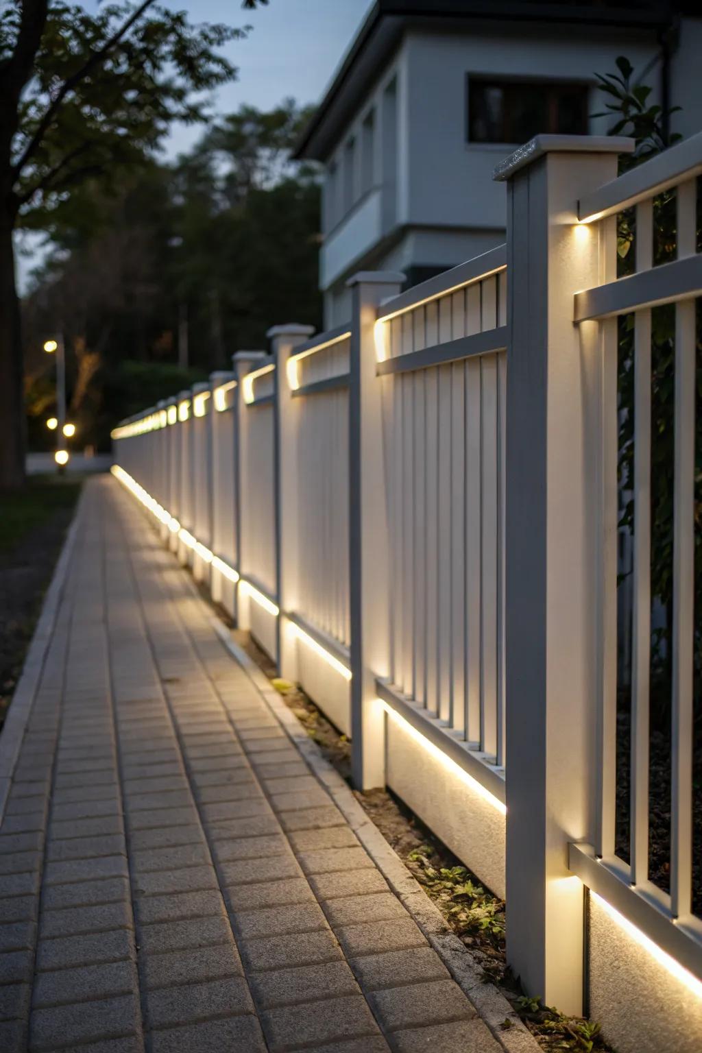 Under-rail LED lights give a sleek, modern look to this backyard.