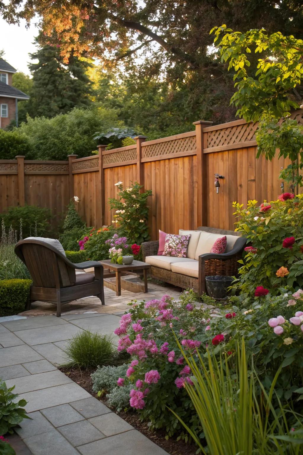 Walnut stain adds warmth and a welcoming feel to outdoor spaces.
