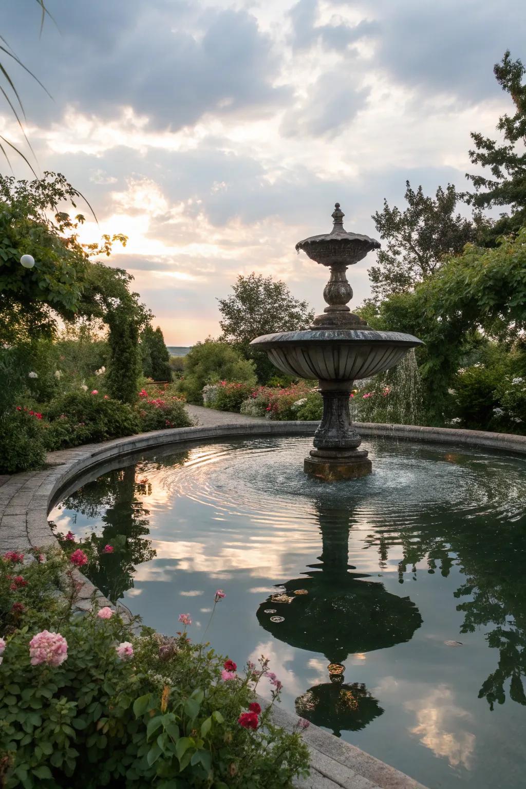 Find tranquility with a reflective pool fountain.