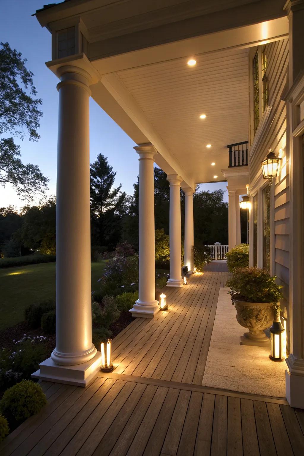 Integrated lighting enhances the ambiance of this modern porch.