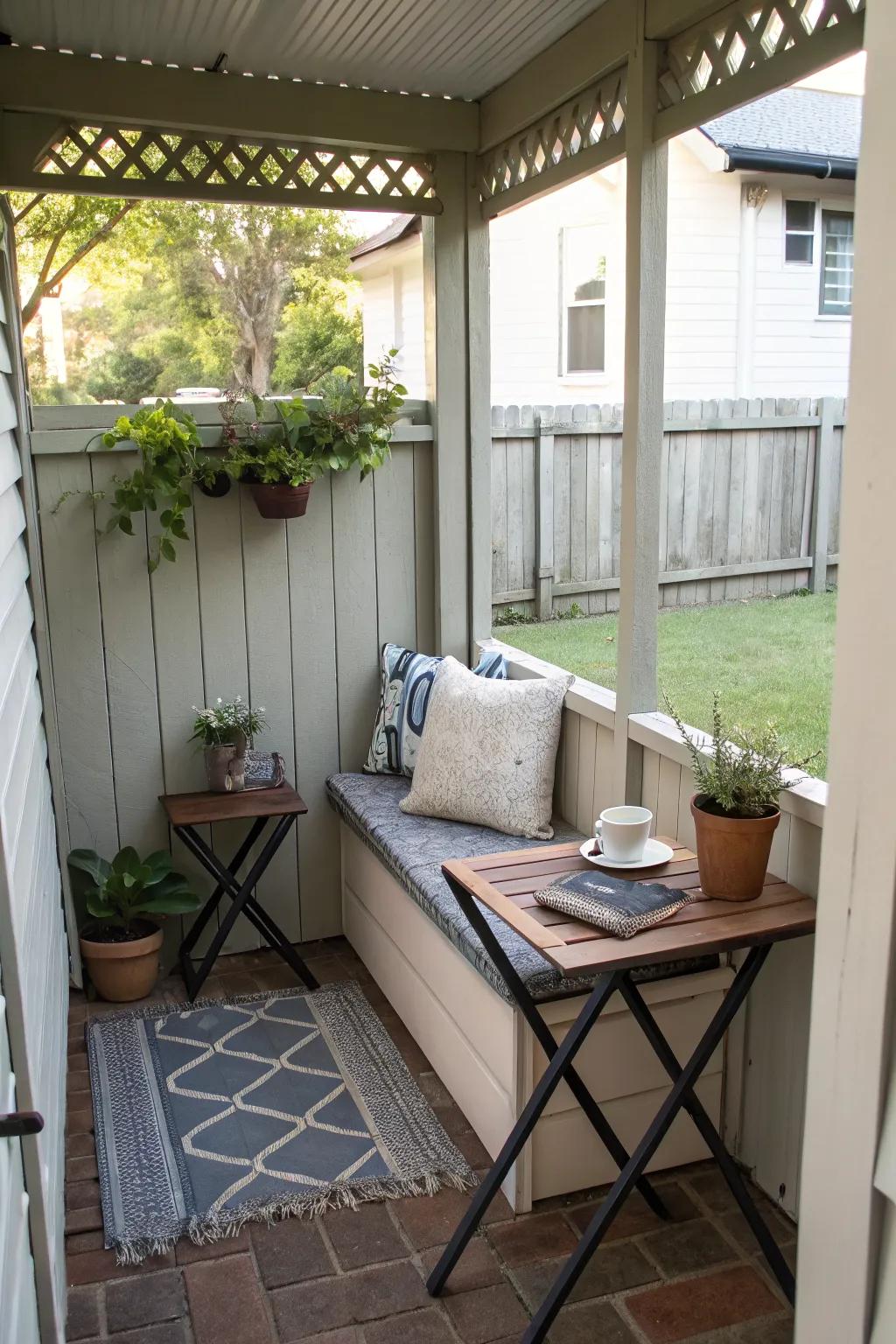 A cozy seating area invites relaxation on this small porch.