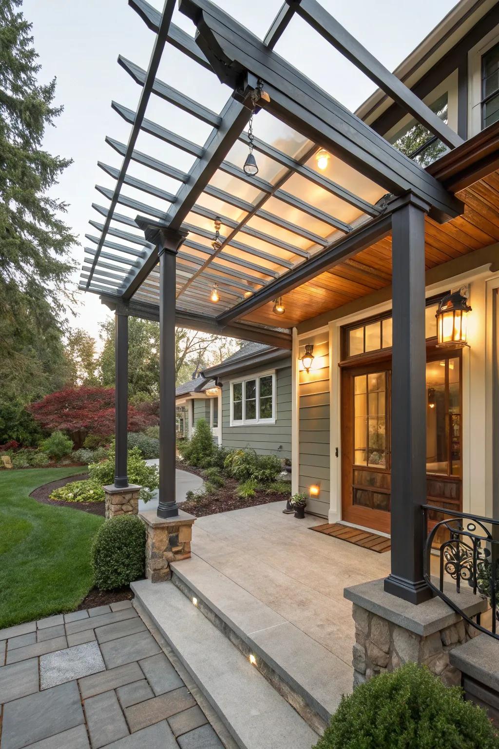 A dynamic pergola design using mixed materials.